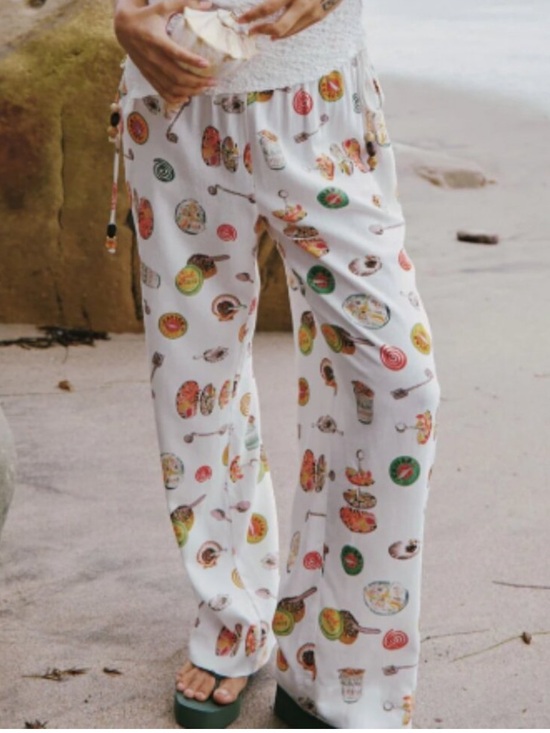Lisa Says Gah Pants - Lisa Says Gah White Wide-Leg Pants with Colorful Food Print